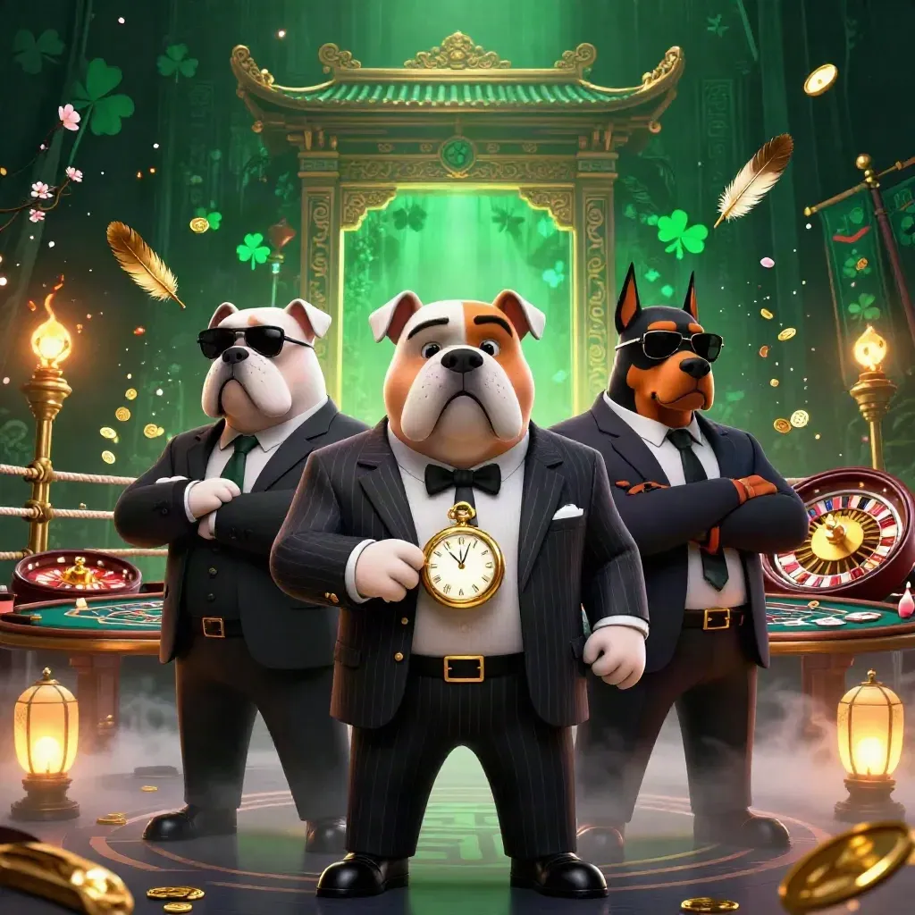 Bulldog boss with two Dobermans amid casino-luxury chaos and glowing green-gold atmosphere