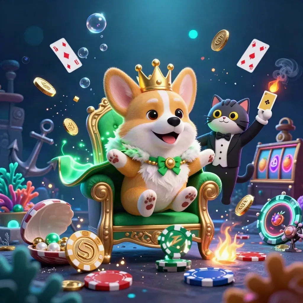 Royal corgi and cat butler in a treasure cove with coins, shells, and neon casino glow