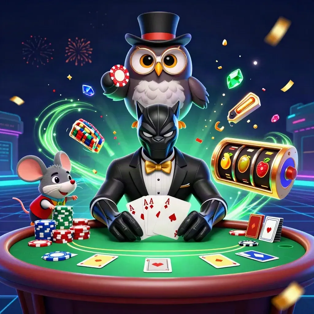 Black panther, owl and mouse at a neon poker table with chips, cards and green casino glow.