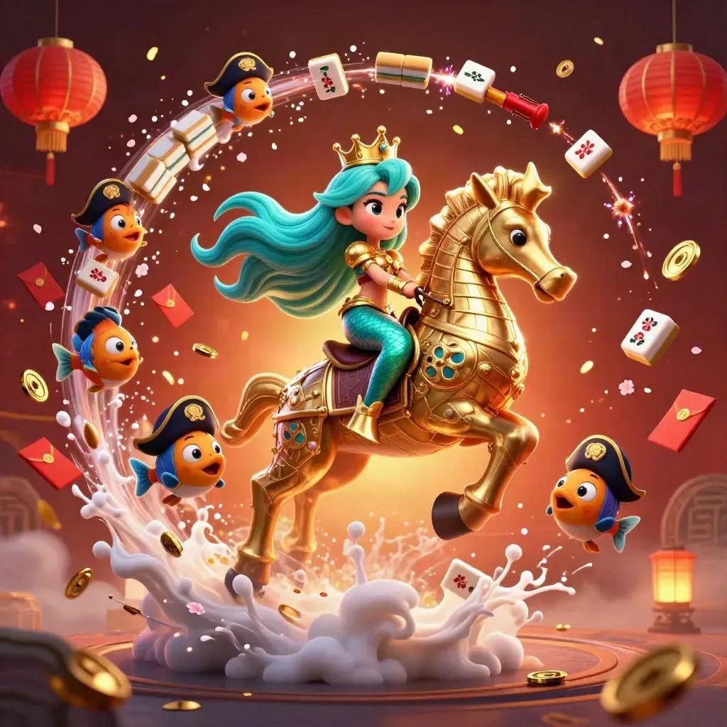 Mermaid princess rides a gold-armoured seahorse through glowing casino treasures and pirate fish chaos.