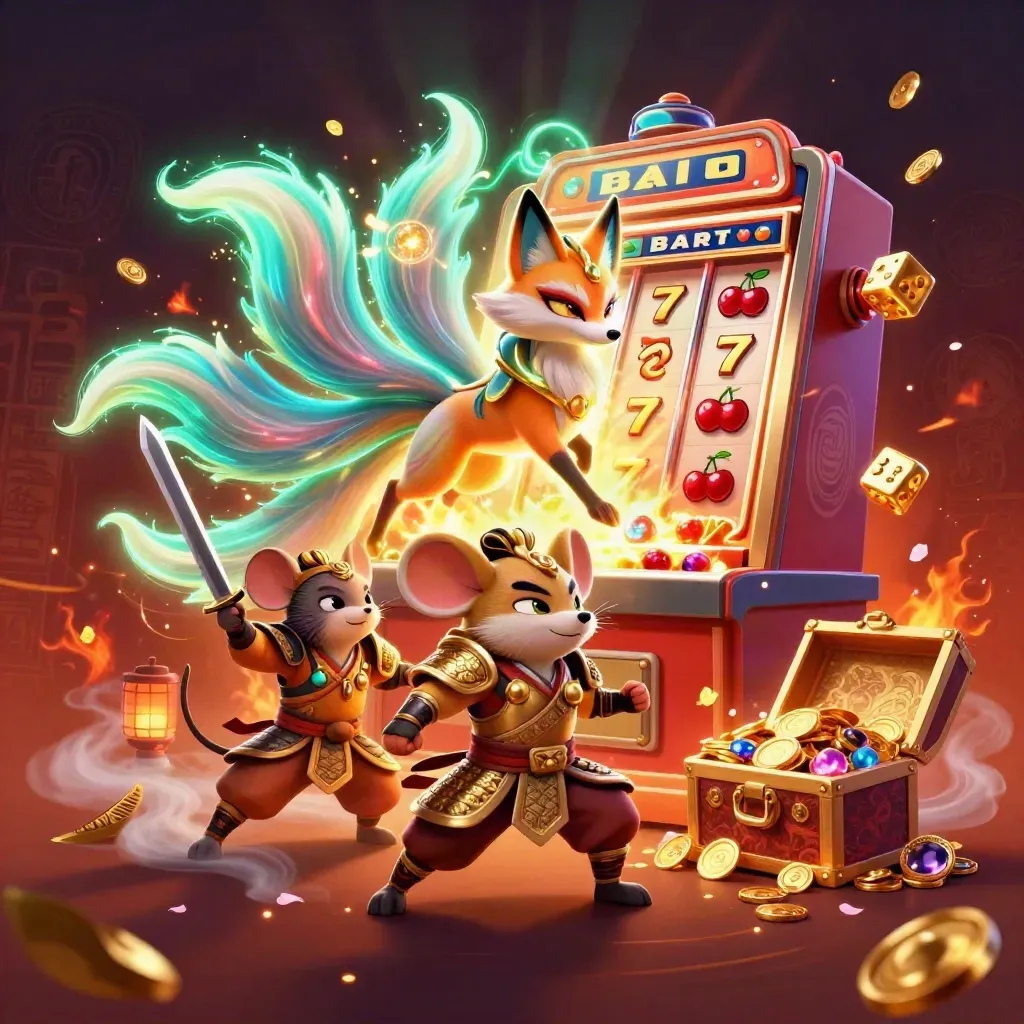 Fox spirit and samurai mouse burst around a jackpot slot machine with glowing coins and gems.