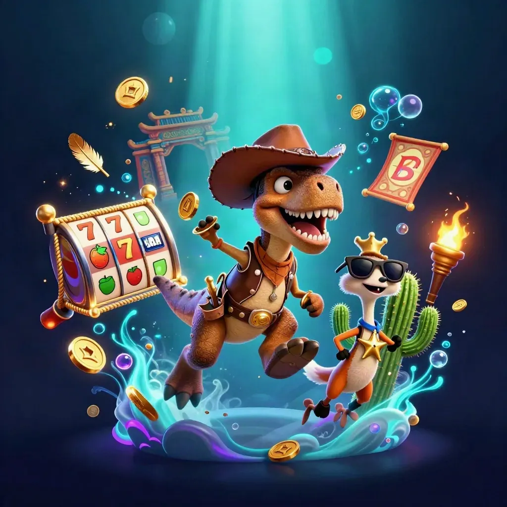 Cowboy T-Rex, cactus sidekick and sheriff roadrunner amid neon casino bursts