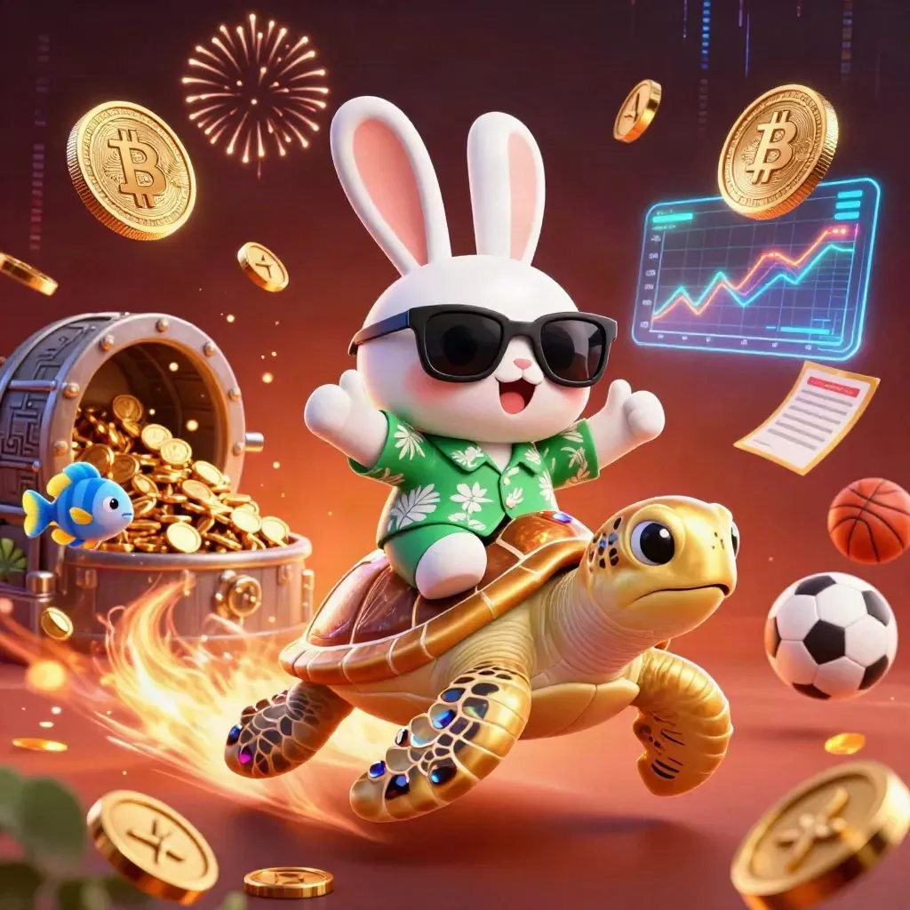 Lucky rabbit rides a golden sea turtle through exploding coins, neon odds energy and treasure.