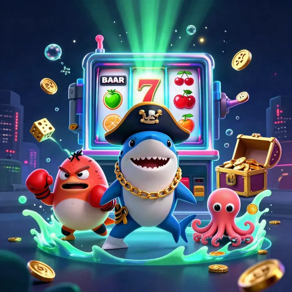 Shark pirate, boxing pufferfish, and juggling octopus amid exploding slots and gold