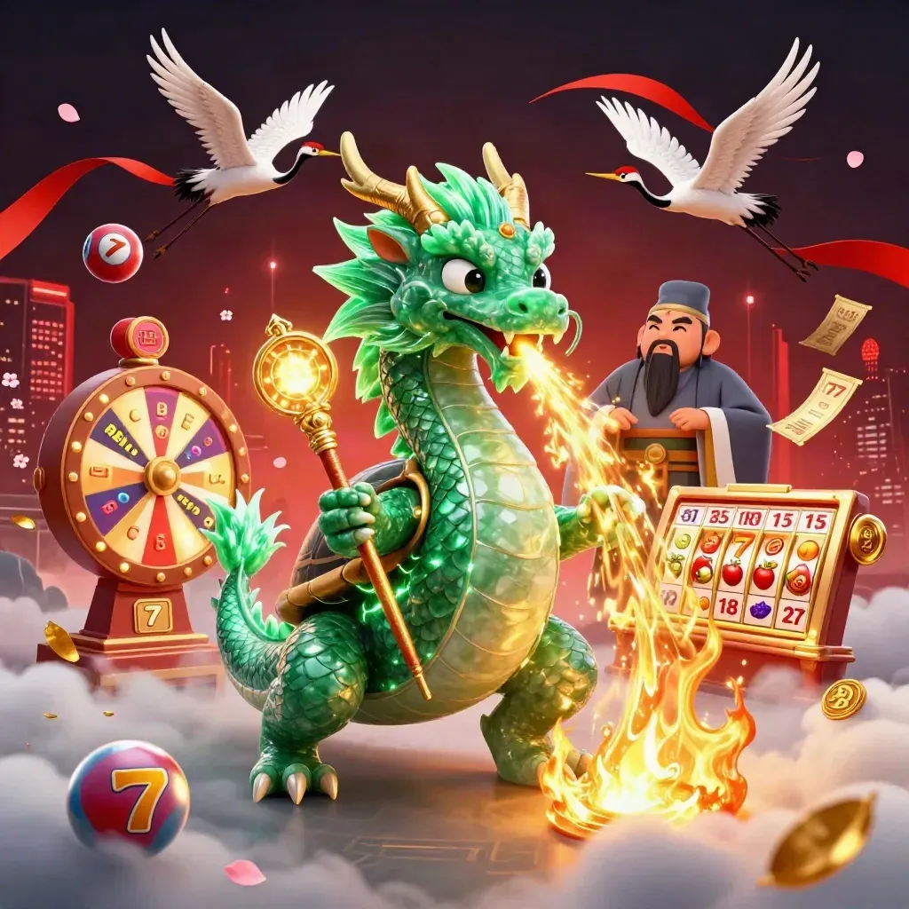 Emerald dragon, sage turtle and cranes amid gold fire, casino balls and reels on a dark neon backdrop