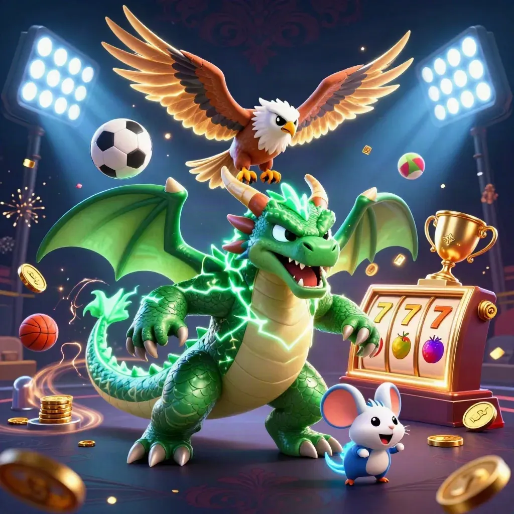 Thunder dragon, wind hawk, and static mouse amid casino bursts and gold lights.