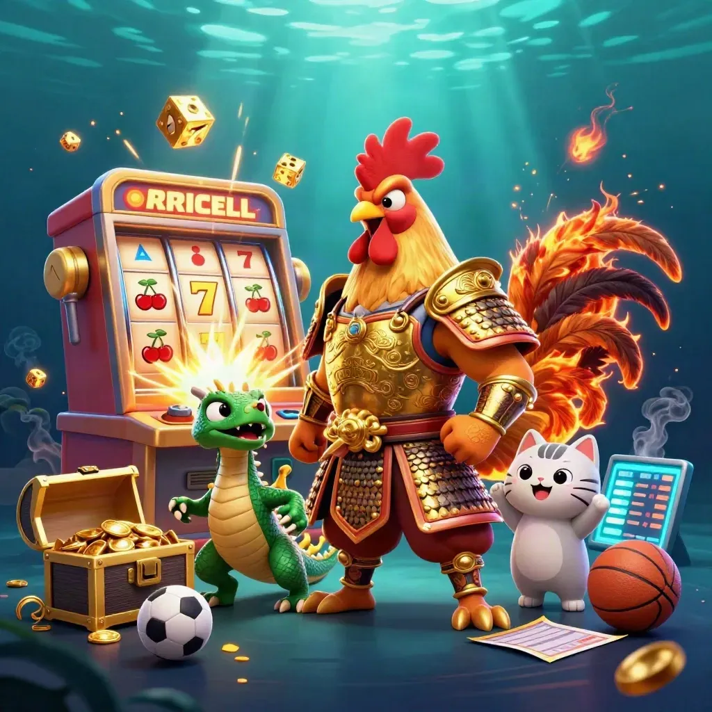 Rooster samurai, dragon hatchling and lucky cat amid casino loot and sports props in neon blue-green light
