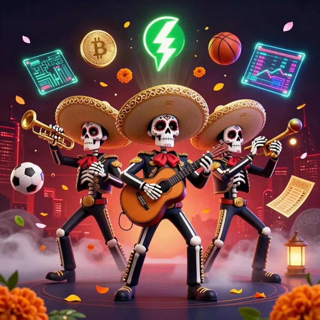 Skeleton mariachi trio with glowing crypto and sports-betting elements in a neon casino scene