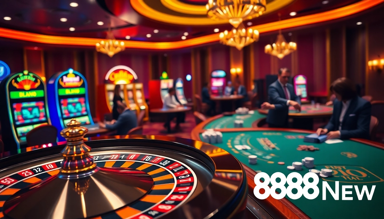 Experience the excitement of NHÀ CÁI 888NEW with players at luxurious casino tables and vibrant slot machines.