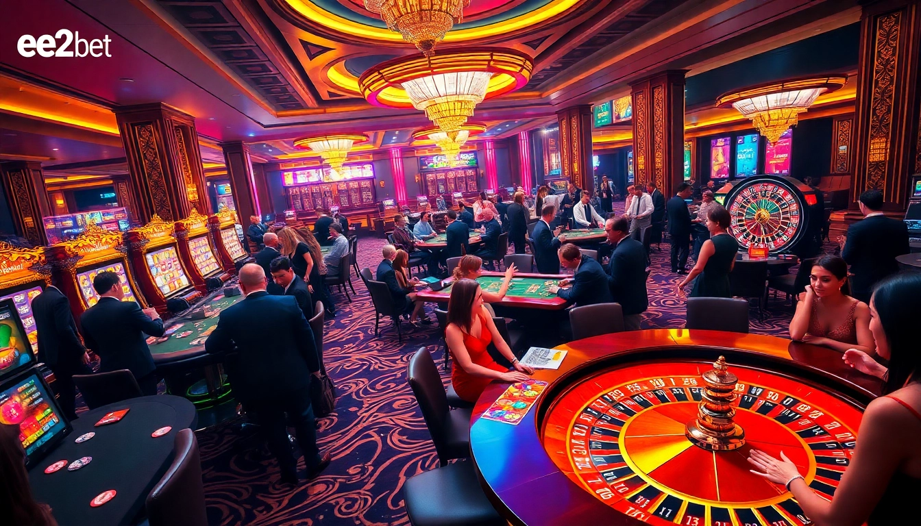Crowd enjoying games at e2bet casino tables with vibrant atmosphere and poker chips.