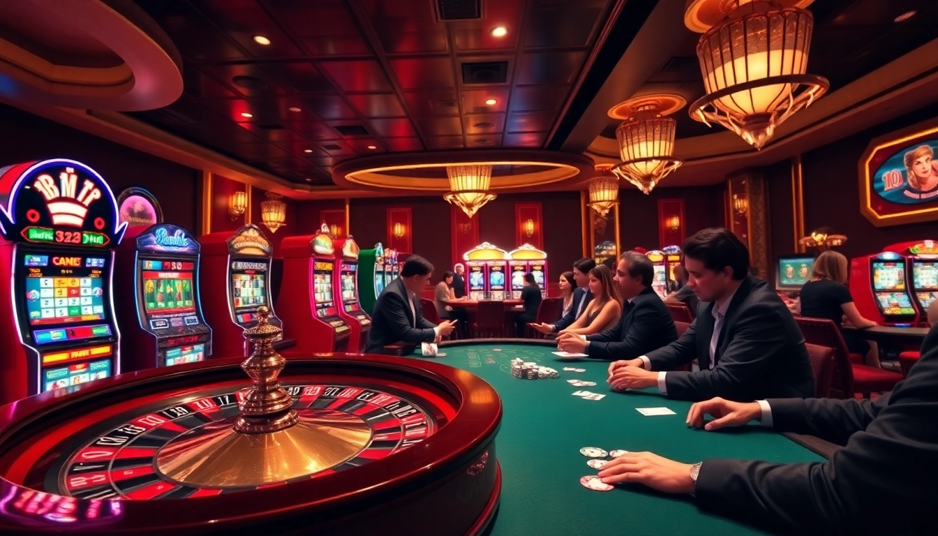Exciting casino scene highlighting nhà cái uy tín with players at a roulette table.