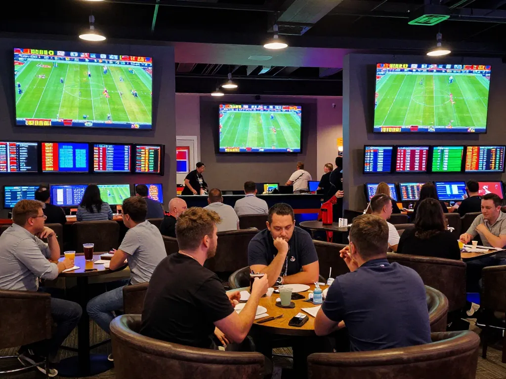 Engage in the excitement of ดูบอล at a lively sports betting lounge with multiple screens