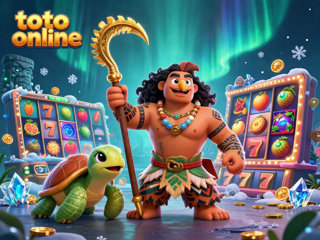 Experience the thrill of toto online slots with vibrant 3D characters in a dynamic casino scene.