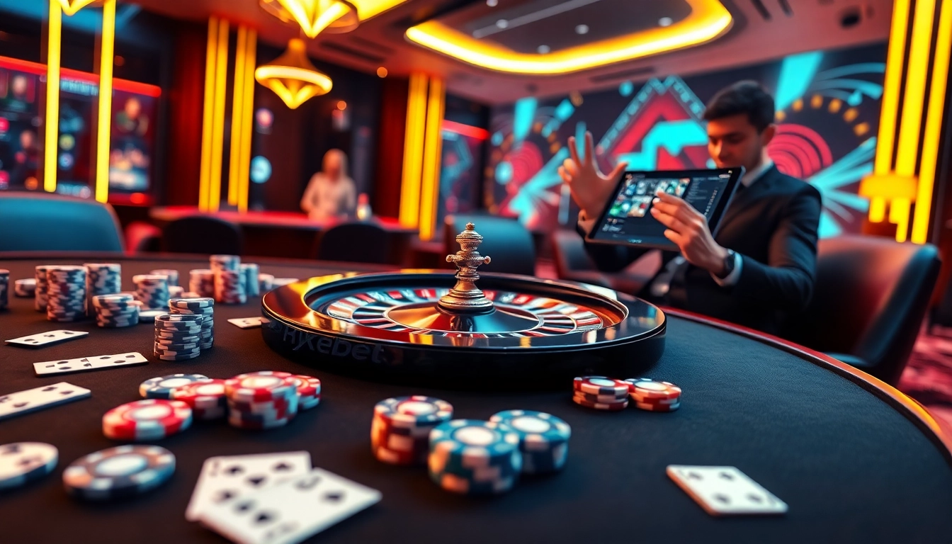 Experience the thrill of 8kbet with vibrant casino visuals, featuring poker chips and roulette.