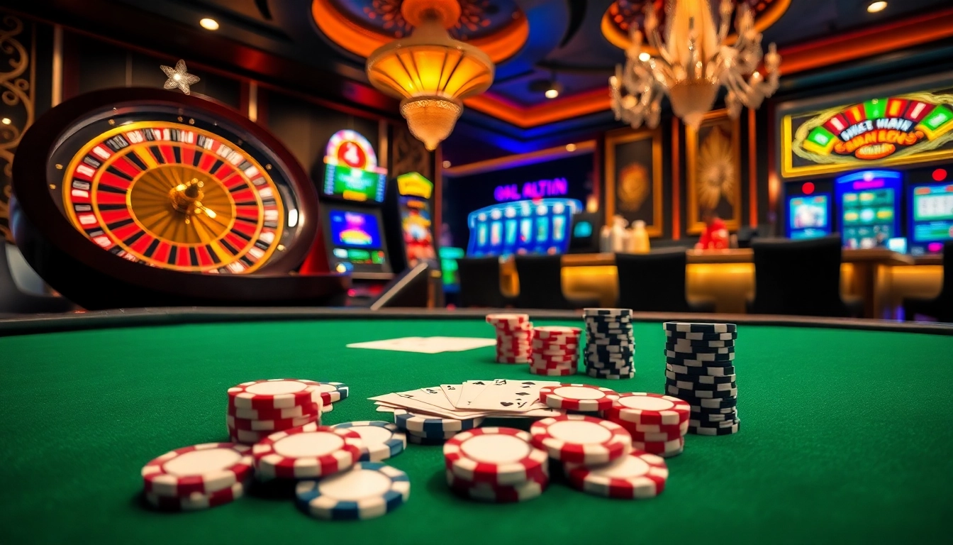 Experience the excitement of bomwin at a luxurious casino table with vibrant poker chips and cards.