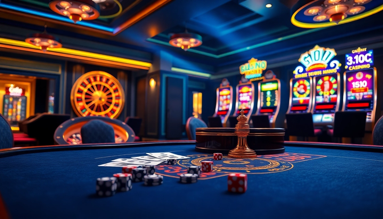 Go8 online gambling excitement with a luxurious casino feel featuring poker chips and vibrant slot machines.