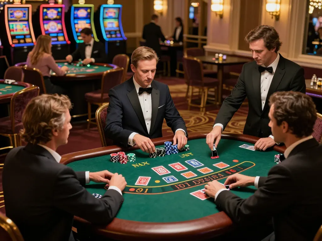 Engaged players at a vibrant blackjack table showcase gk88 strategies in action amidst luxury casino atmosphere.