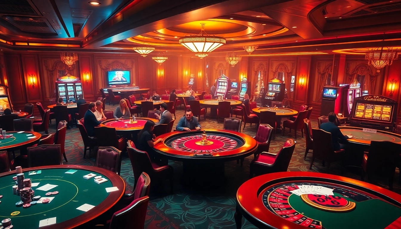 Experience thrilling games at 789club's luxurious casino scene with poker tables and vibrant slot machines.