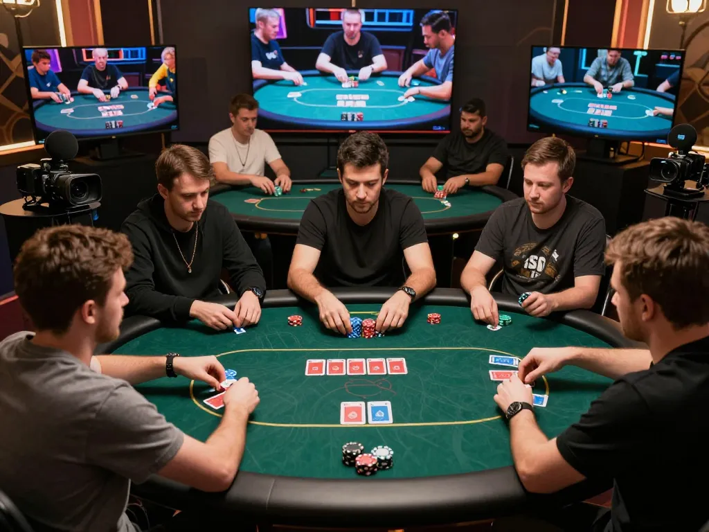 TR88 poker players engaged in intense gameplay during a live online session with cards revealed and chips stacked.
