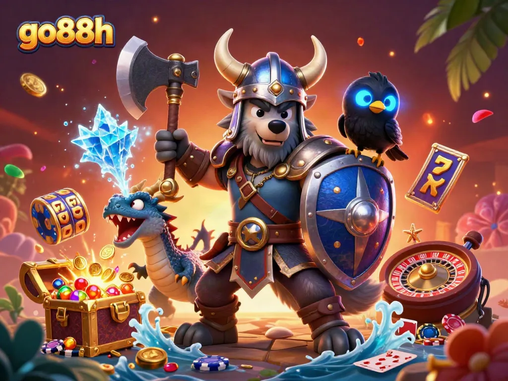 Experience go88h's thrilling gaming world with Viking warriors and treasures in this vibrant illustration.