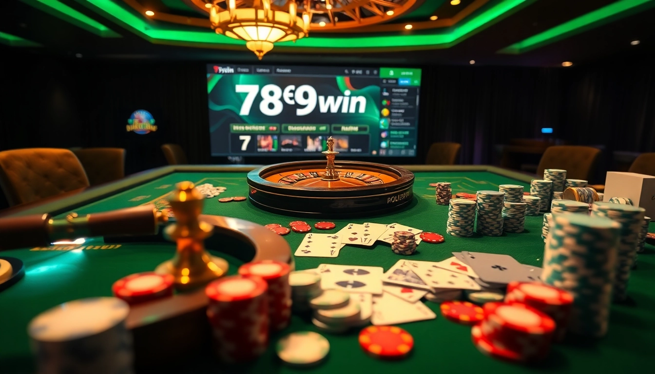 Engaging scene of a luxurious casino table with 789win gaming elements showcasing excitement and strategy.