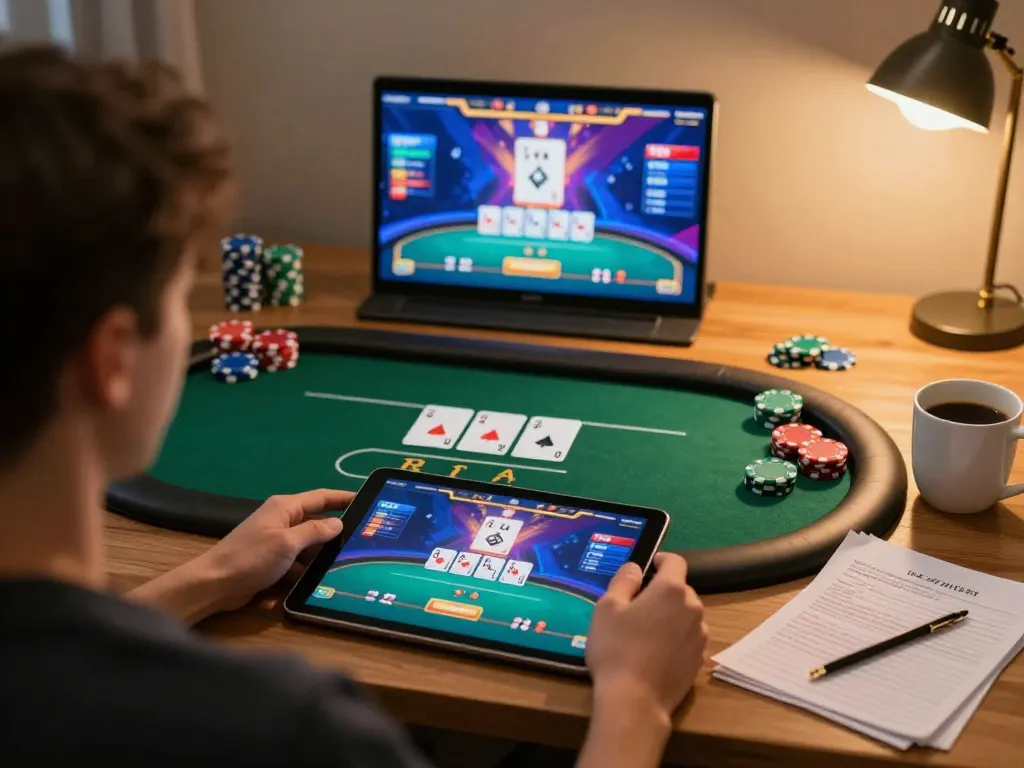 Player enjoying online poker at home while exploring sumclub's exciting gaming features.