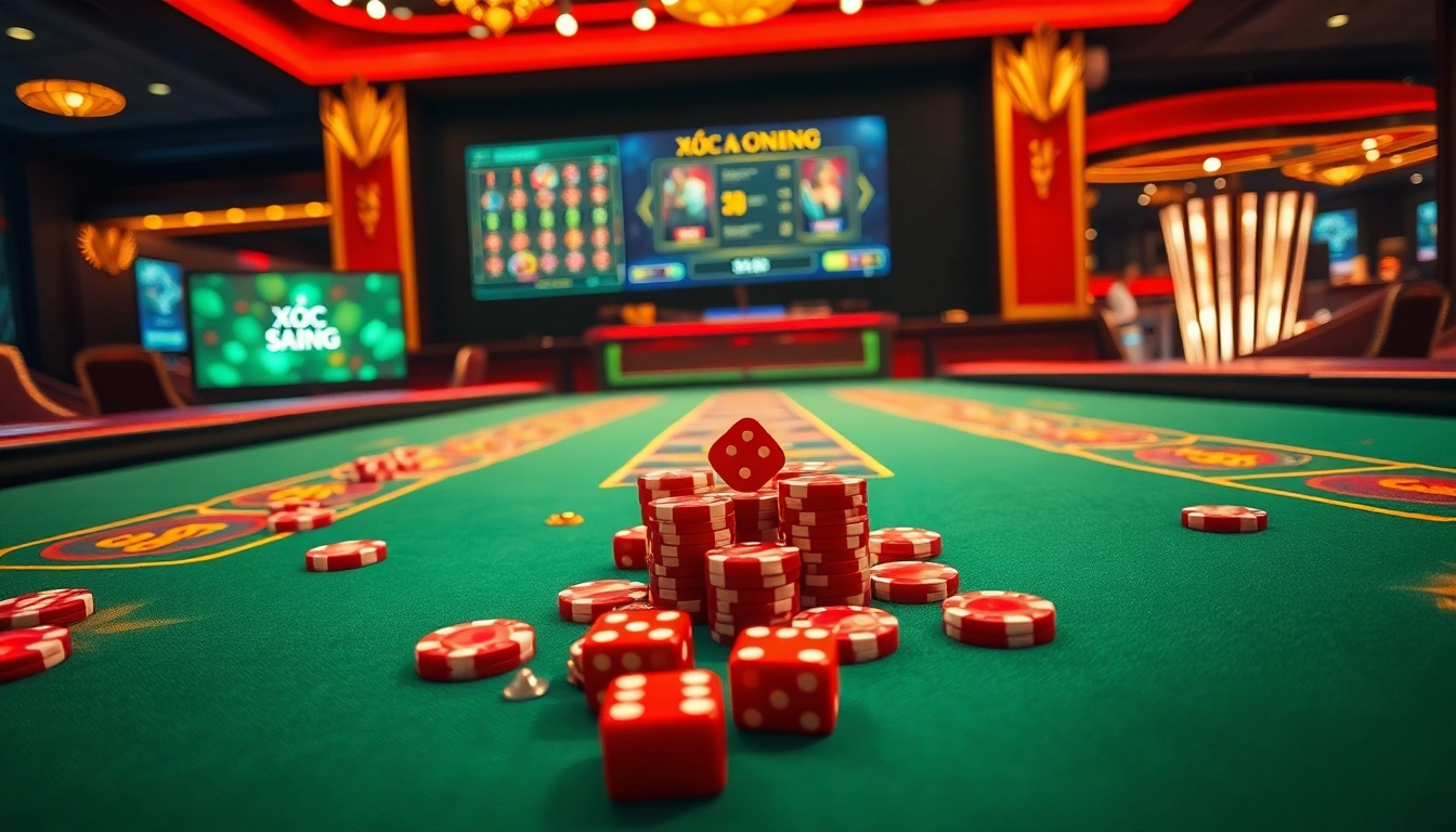 Exciting gameplay of Xóc đĩa online at a luxurious casino table with colorful decorations.