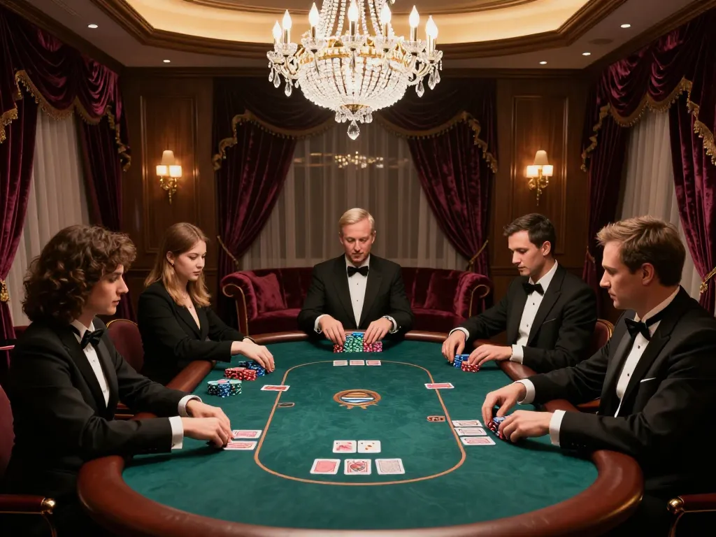 Players engaging at a classy VIP table in nhà cái Rwin, highlighting an intense poker session and luxury ambiance