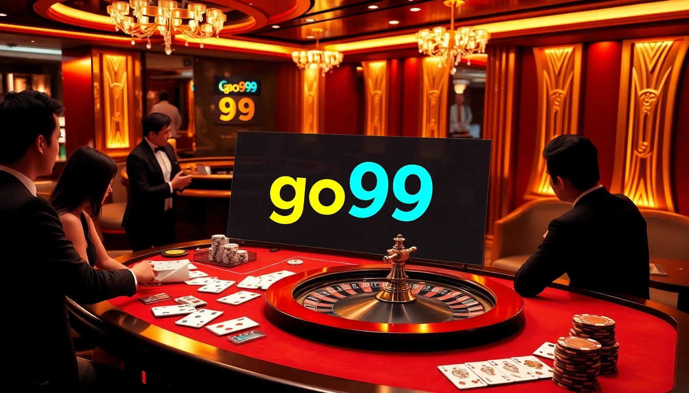 Experience the excitement of go99 with a vibrant online casino scene featuring cards, chips, and roulette.
