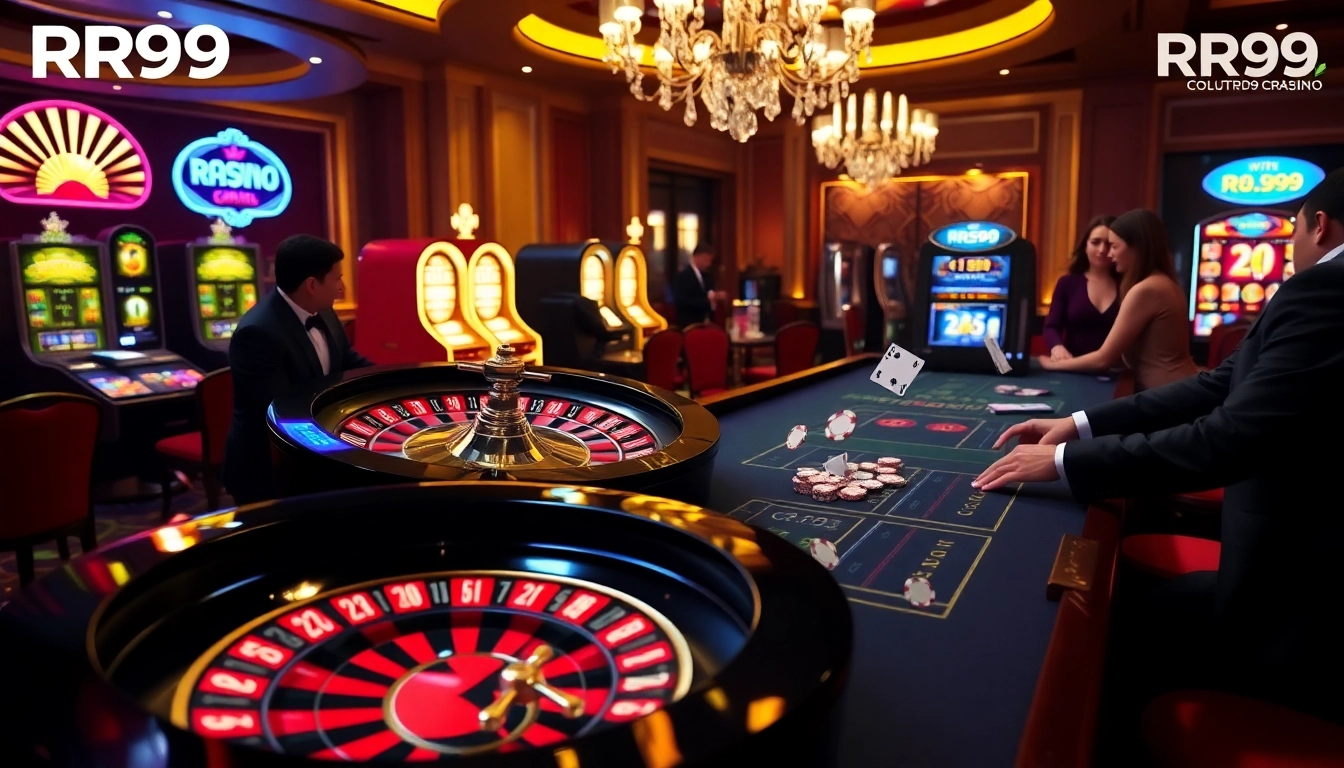 Experience thrilling bets at RR99 with vibrant roulette wheels and exciting casino lights.
