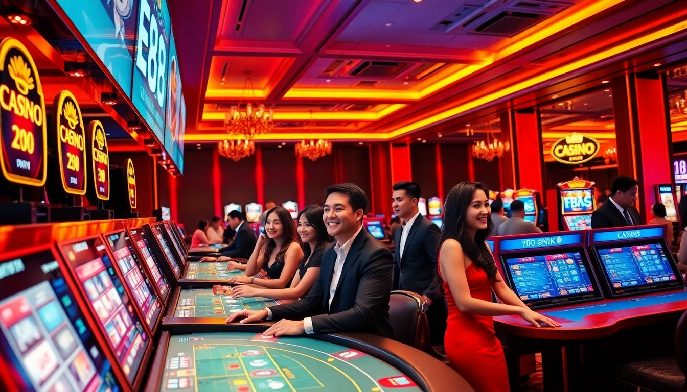 E88 casino vibrant scene with engaged players at gaming tables, showcasing excitement and luxury.