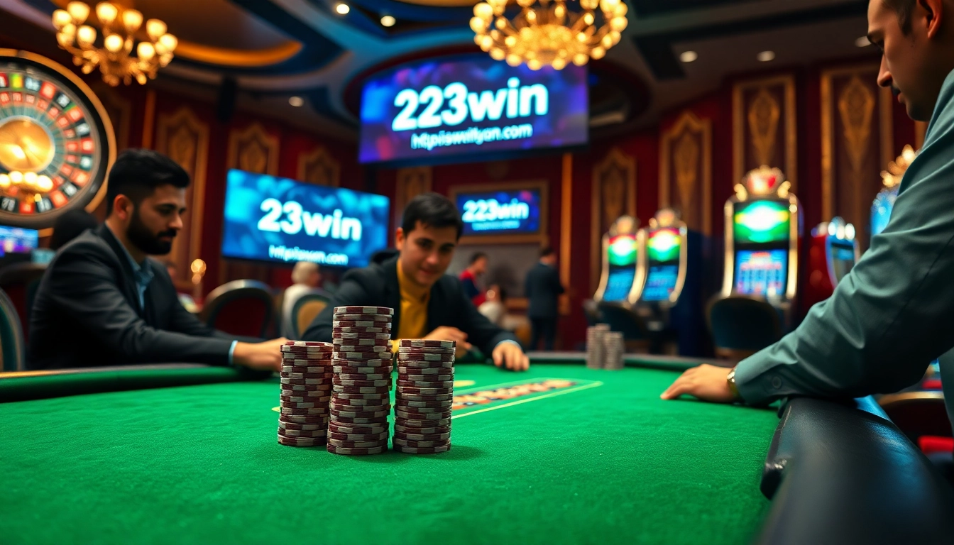 A thrilling poker game at a luxurious casino featuring a digital screen of https://23win.cn.com/ and gleaming chips.