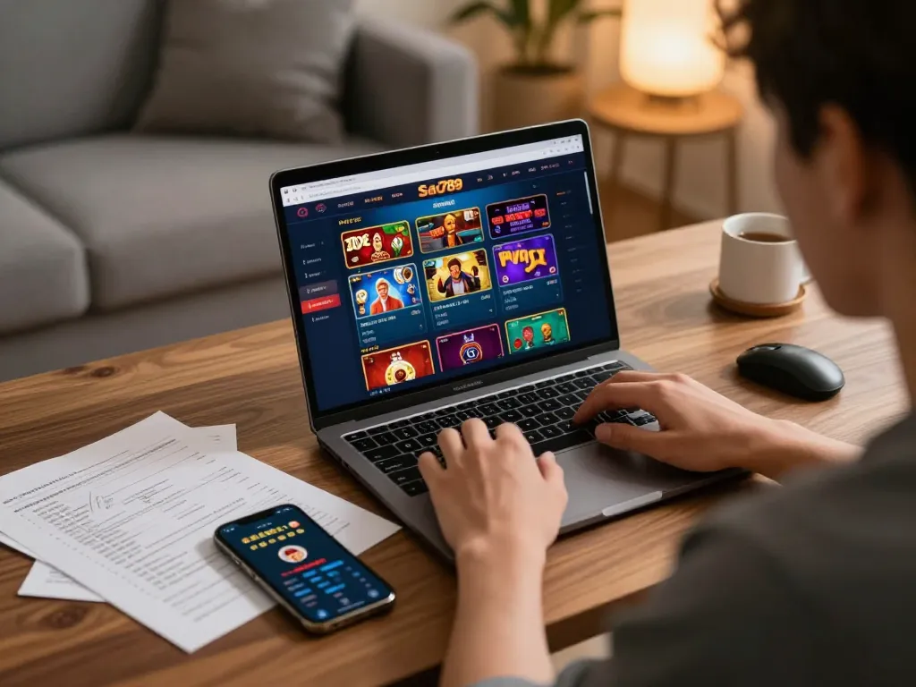 Sao789 user engaged in online betting session at home, combining strategy and digital gameplay.