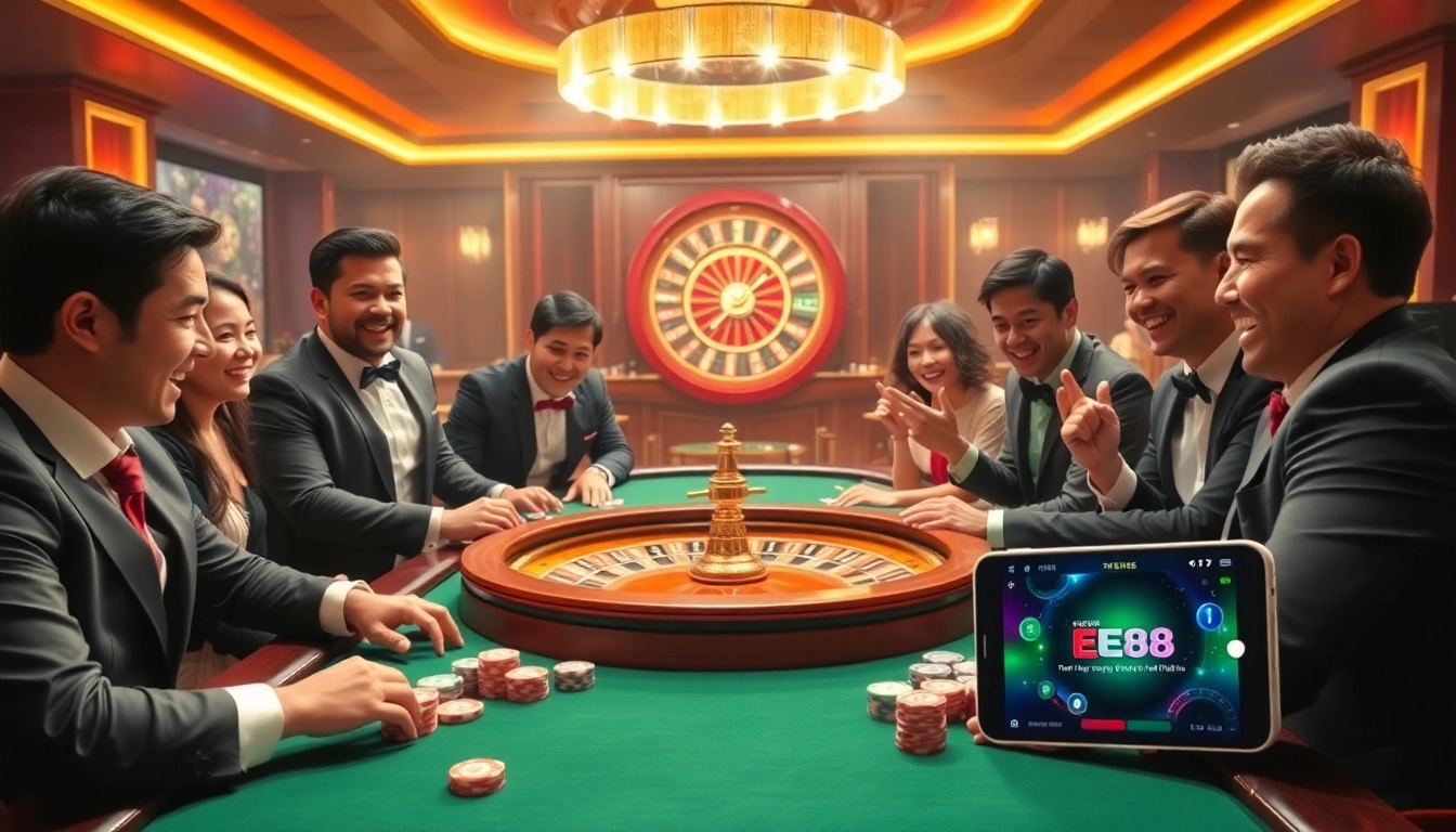 Engage in the thrill of winning at an EE88 poker table with vibrant chips and cards.