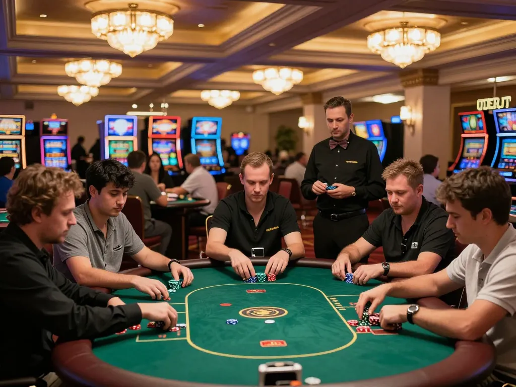 Engaging poker tournament scene at debet15 casino with focused players and dynamic gameplay atmosphere.