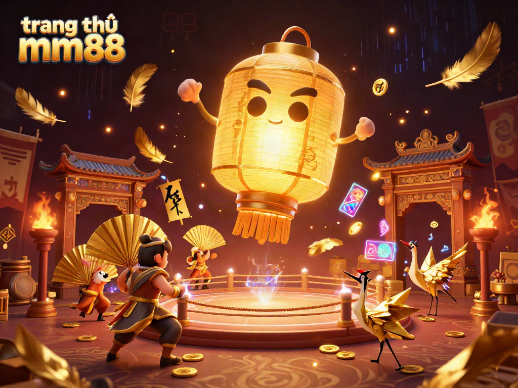 Engage with the dynamic world of trang chủ mm88 featuring a glowing lantern spirit and casino warriors.