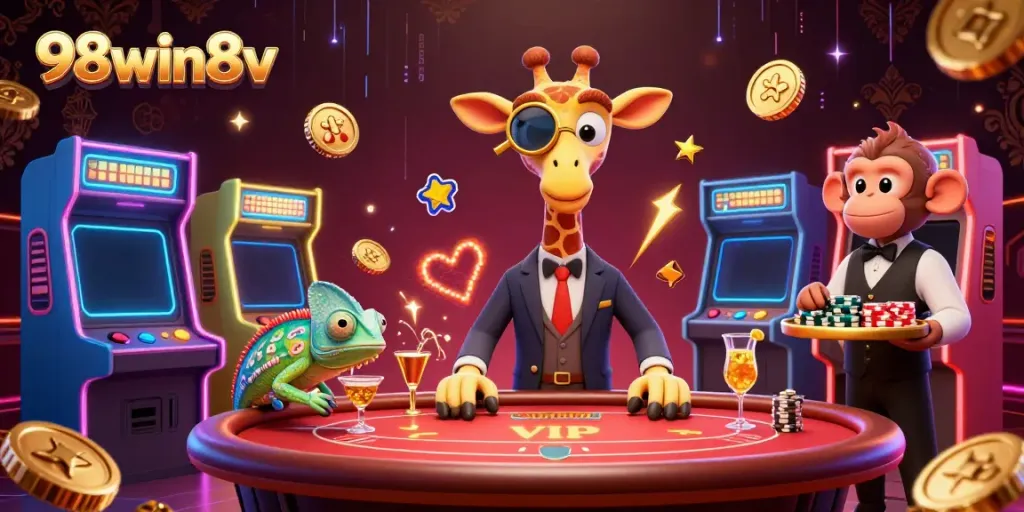 Join the excitement at 98win8v, featuring a high-roller giraffe and vibrant casino elements.