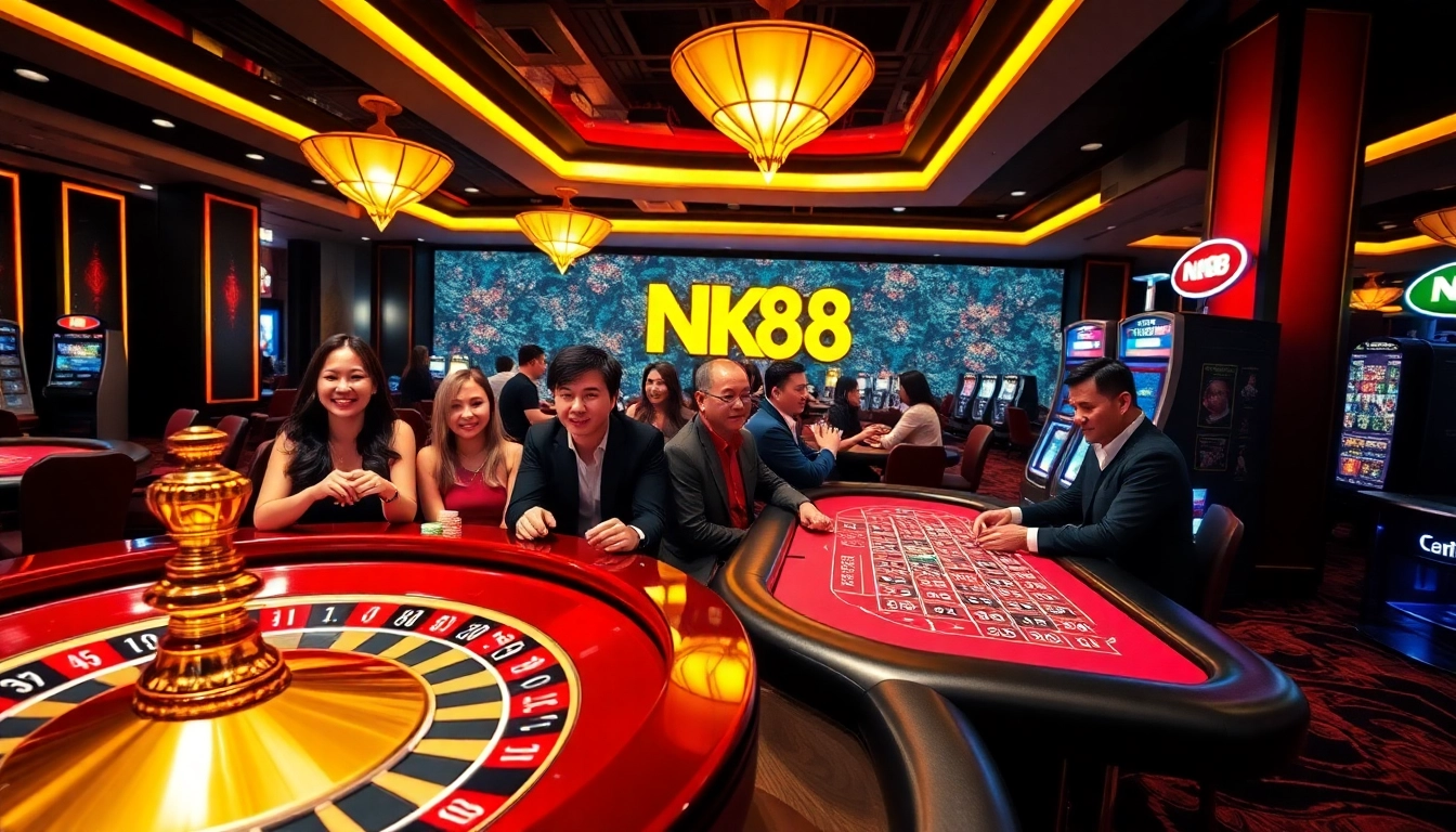 Players enjoying a thrilling gaming experience at NK88 casino with exciting roulette and poker tables.