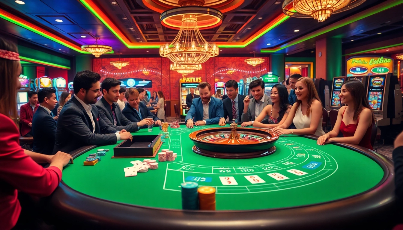 KJC players enjoying thrilling casino games at a vibrant gaming table with roulette wheel and colorful chips.