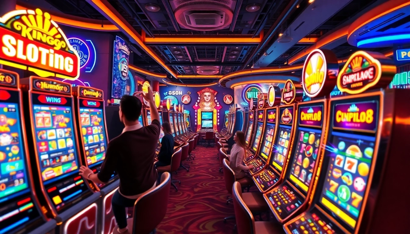 Exciting king88 online casino scene featuring vibrant slot machines and celebrating players.