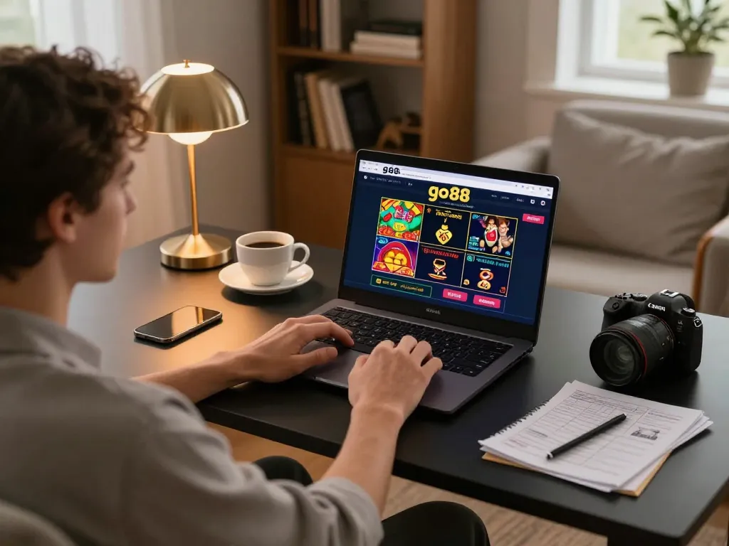 Engaged player using go88 on laptop in a cozy home setting focused on responsible gaming.