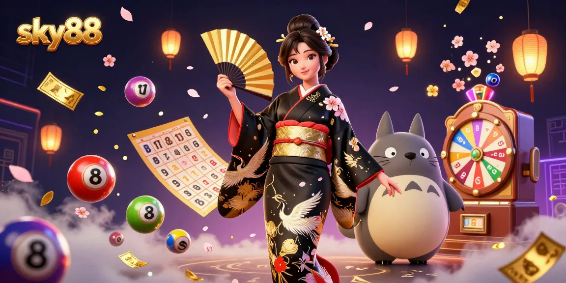 Play thrilling lottery games with sky88 as a beautiful Asian woman and tanuki celebrate amidst colorful lottery elements.