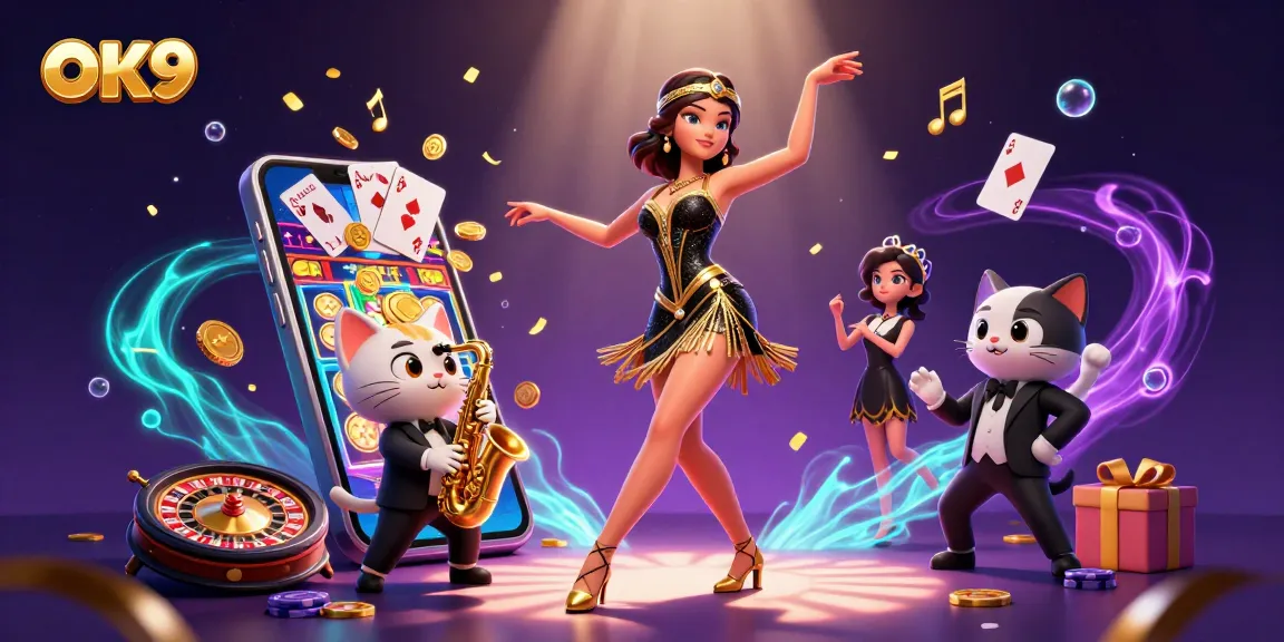 Experience exciting slot gaming with OK9 in a vibrant, lively 3D casino scene featuring animated characters.
