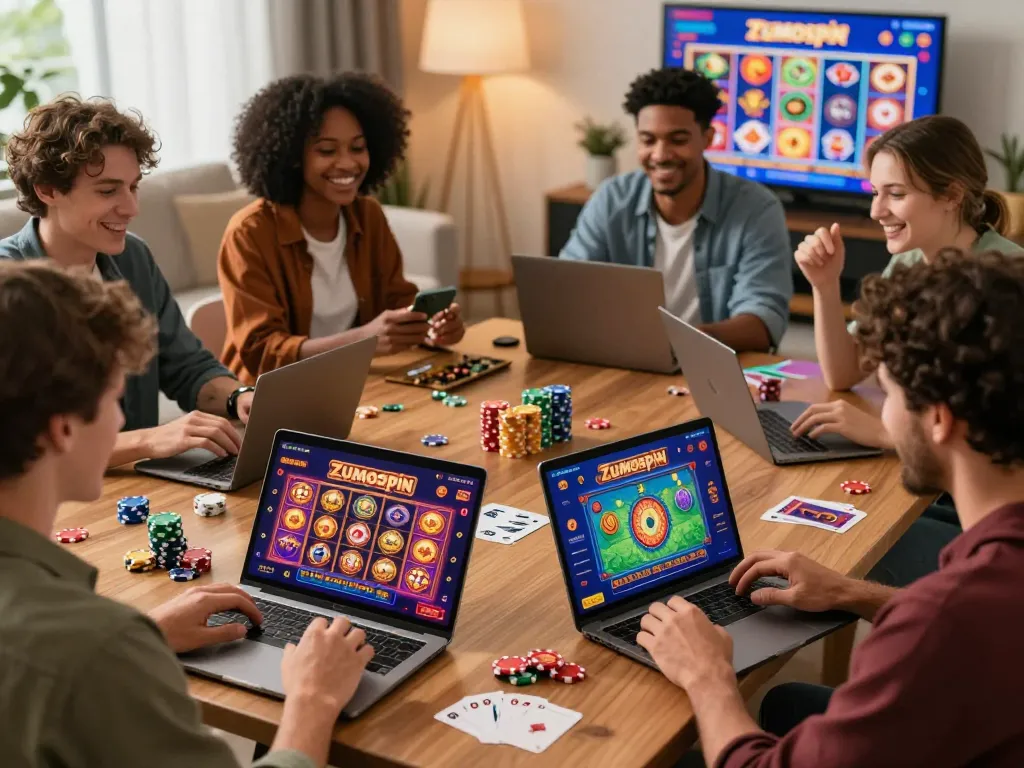 Engaged players accessing Zumospin casino login on mobile and laptop, showcasing lively online gaming atmosphere.