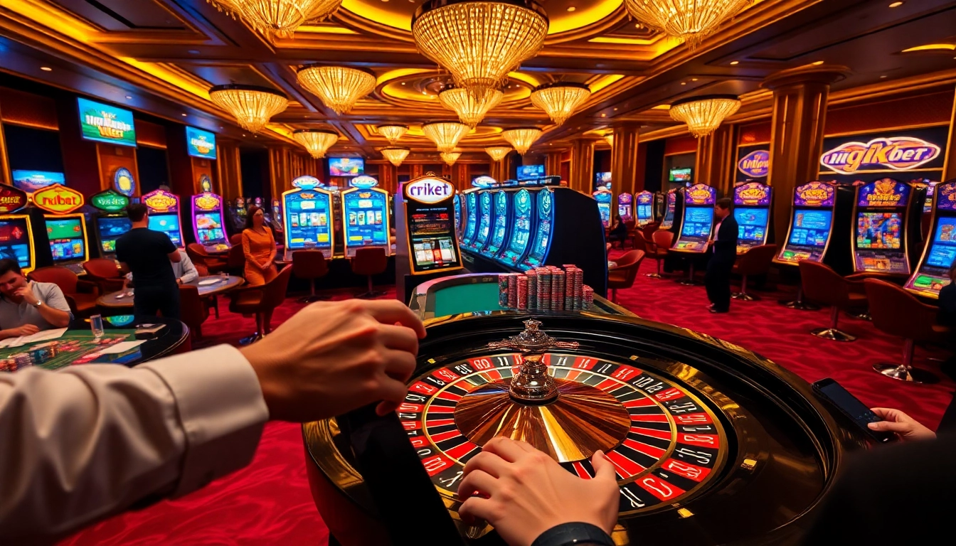 Exciting casino scene with players betting on rikbet roulette table and colorful poker chips.