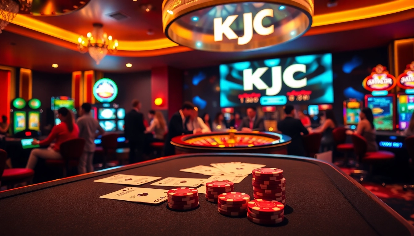 KJC players enjoying high-stakes poker at a glamorous casino table with vibrant chips.