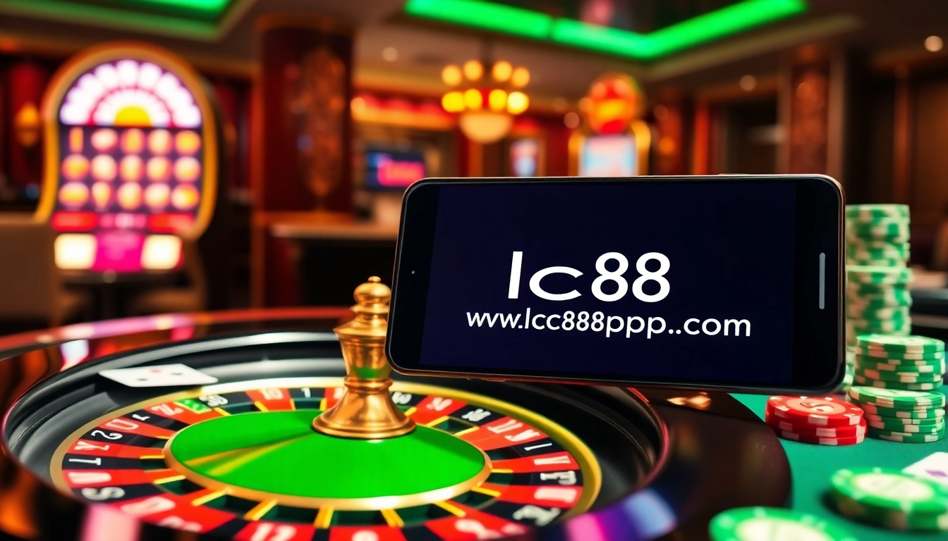 Experience excitement at https://lc88app.com/ with a roulette table and slot machines in a luxurious casino setting.