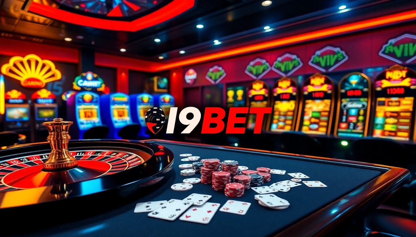 Engage with the vibrant I9BET casino scene featuring roulette, poker chips, and exciting online gambling interfaces.