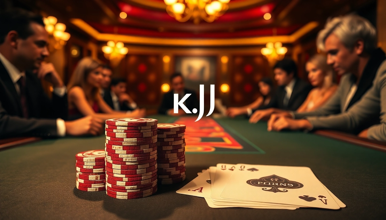 KJC logo displayed on sophisticated poker table in an elegant casino setting with illuminated chips.