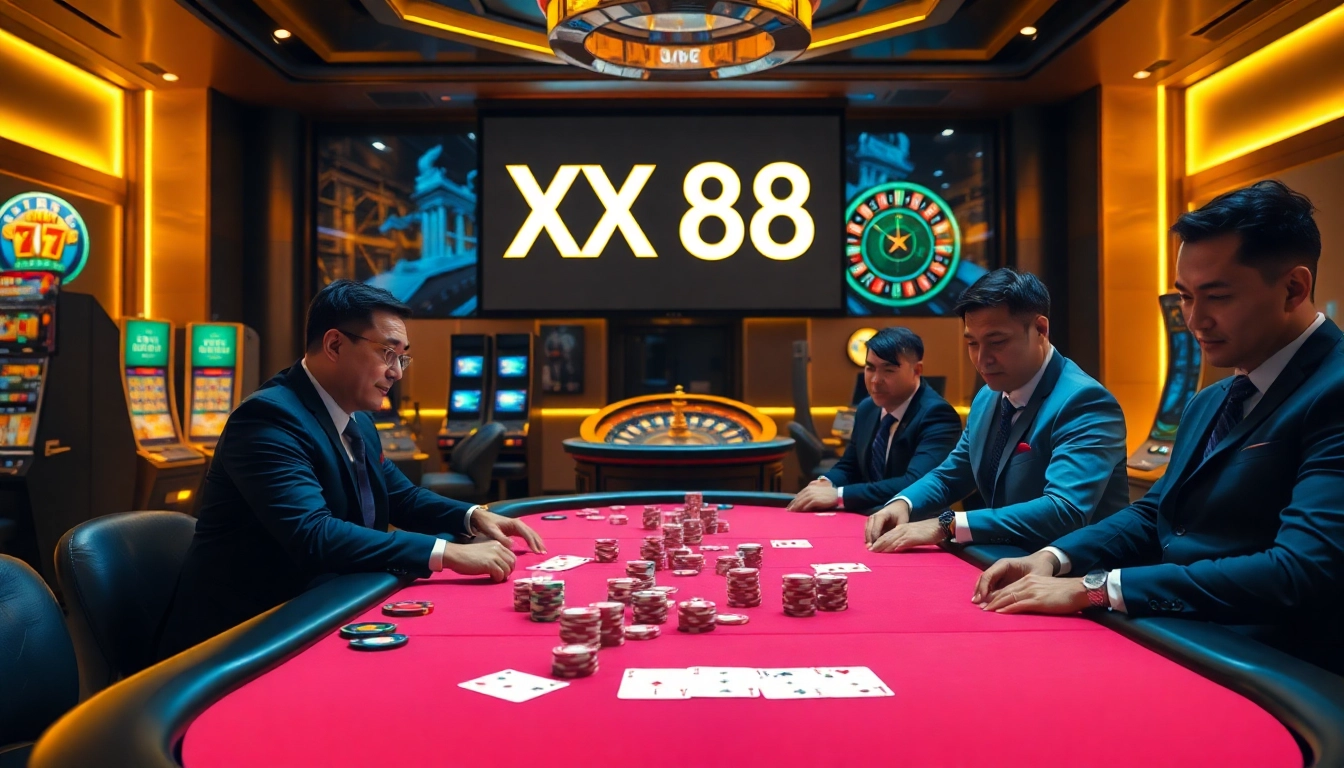 Experience the excitement of XX 88 at a professional poker game with vibrant chips and cards.